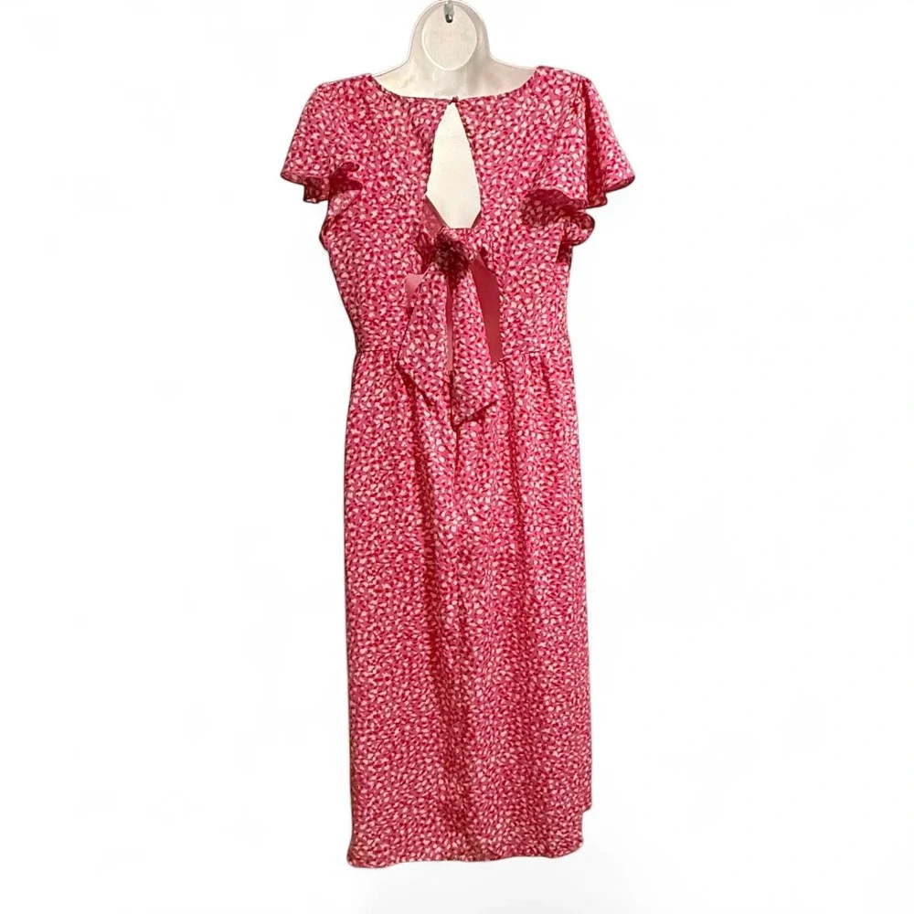 QUIZ Wrap Midi Dress Womens Size 10 Pink Abstract Print Flutter Sleeve Tie Back - Picture 4 of 7